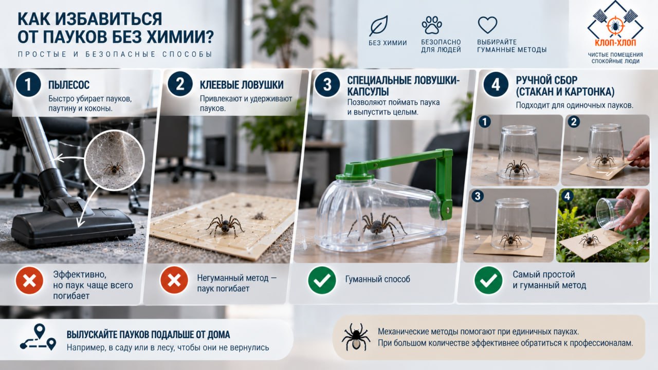 Механические и гуманные методы: пылесос, ловушки, ручной сбор и вынос пауков